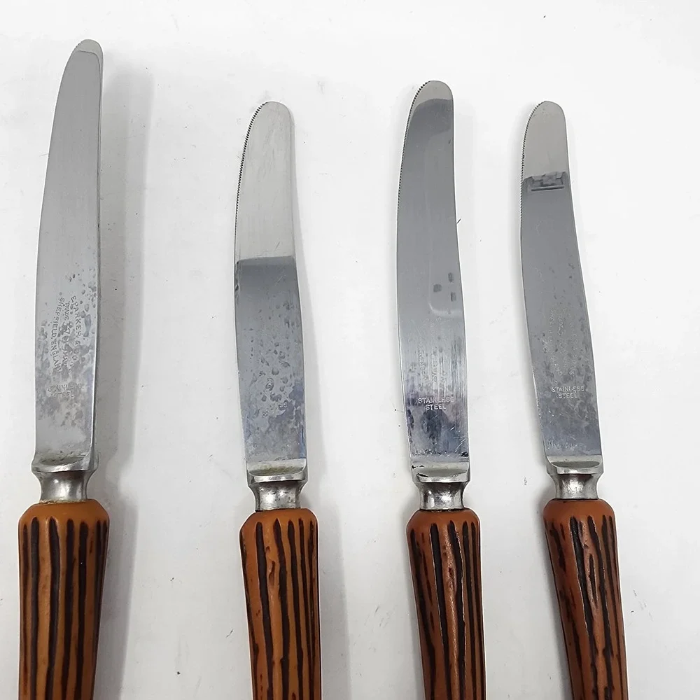 E. Parker‎ & Sons 6 Stainless Knives Sheffield England VTG Bakelite Faux Antler
